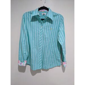 Vintage Lilly Pulitzer Teal Green Blue Striped Button Down Size 10